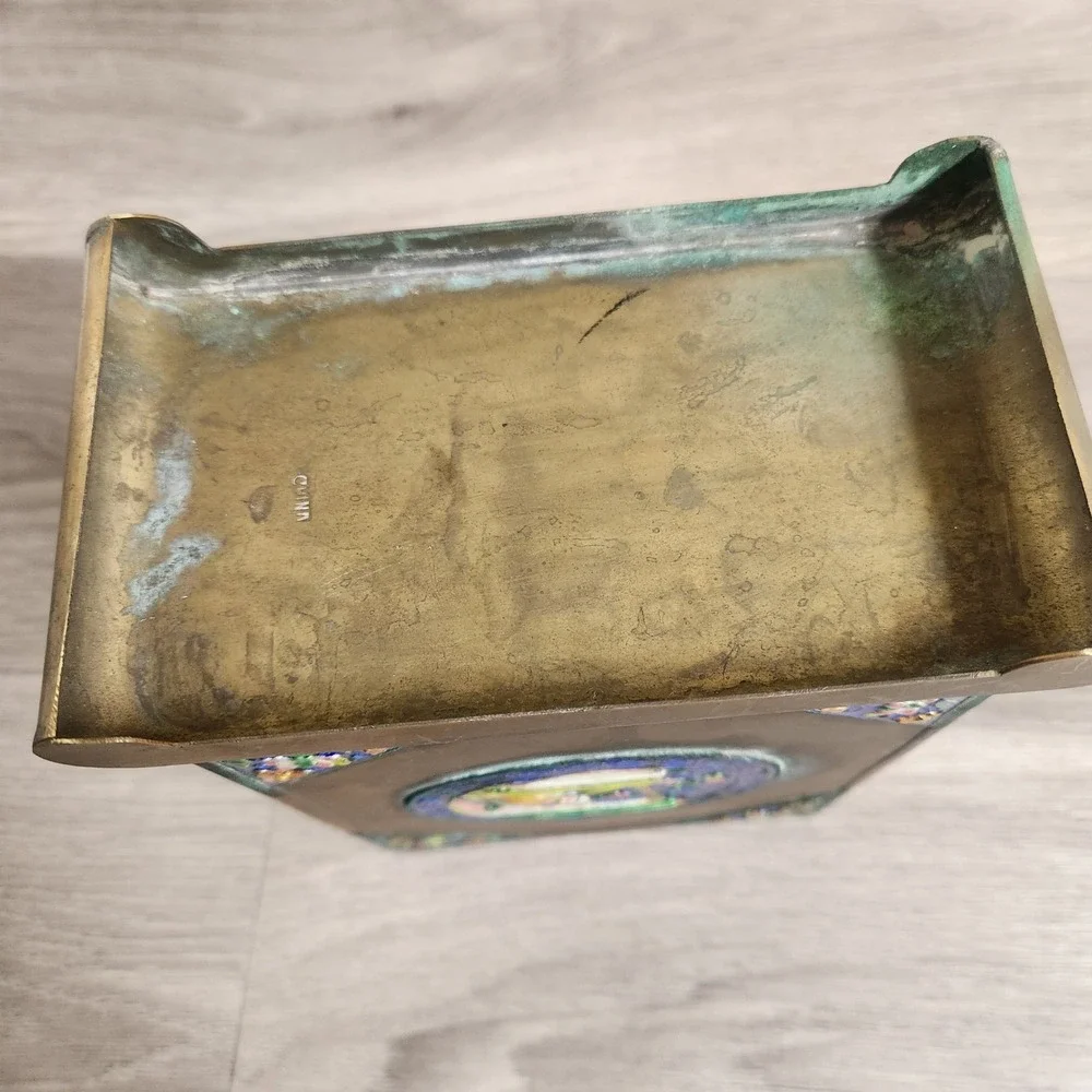 Antique Chinese Cloisonne Enamel Brass Brush Pot‎ Vase Figure Scene Butterfly